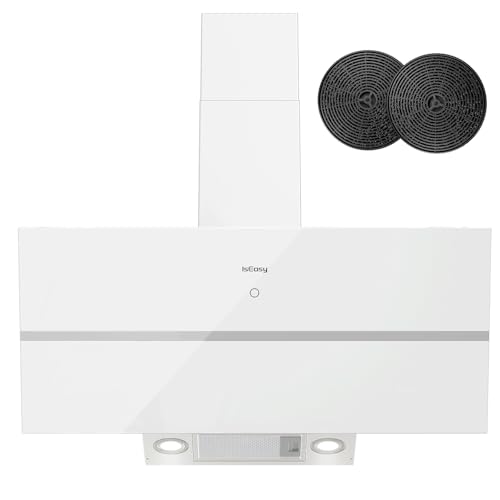 Hotte Aspirante 90 cm, IsEasy Hotte Recyclante 571 m³/h Forte Aspiration, 4 Niveaux, Fixateur de Panneau, Mode Évacuation, Temporisation d’Arrêt 1 à 9 Min, Fonction Mémoire, 61 dB, Blanc, A++