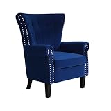 Modern Velvet Accent Chair Vanity Decor Wingback Armchair Curved Tufted Club Adult Chair with Wood Legs for Living Room, Bedroom, Office, Blue