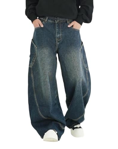 Men Loose Fit Washed Denim Pants with Large Pockets Summer Vintage High Waist Trousers