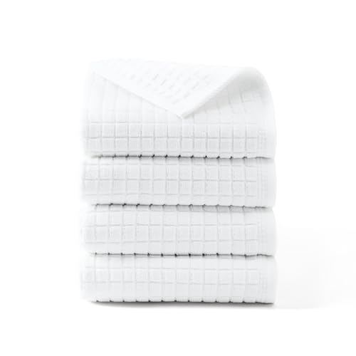 Town & Country Everyday 4-Piece Textured Windowpane Hand Towel Set, 20x30-Inch, 100% Cotton, Plush & Absorbent 550GSM, White