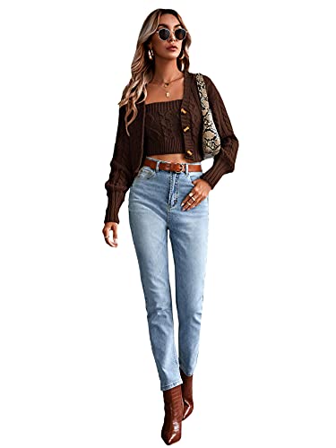 Romwe Women's Loose Long Sleeve Knit Button Down Cardigan Sweaters 2 Pieces Sweatshirt Pullove Crop Top Sets Chocolate Brown S #TOP4