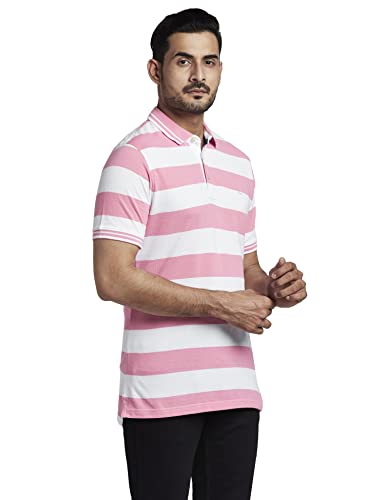 Image of Colorplus Men's Cotton Polyester Blend Stripe Pattern Tailored Fit Polo Neck Half Sleeve Casual T-Shirt