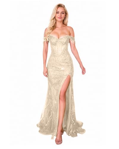 Women's Sparkly Tulle Mermaid Prom Dresses Off Shoulder Sequin Evening Gown Long Beaded Formal Dresses with Slit P1043