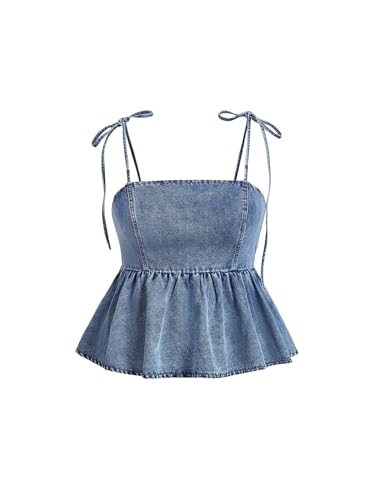 WDIRARA Women's Plus Size Ruffle Denim Cami Top Tie Shoulder Smocked Babydoll Peplum Tops