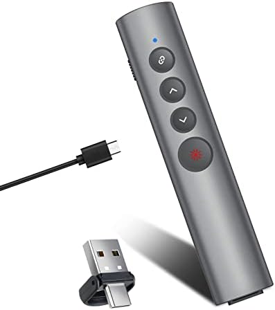 Presentation Clicker with Red Laser Pointer, Rechargeable PowerPoint Clicker Wireless Presenter Remote, Type C/USB 2 in 1 PPT Clicker RF 2.4GHz Slide Advancer Compatible with Windows/Mac/Linux