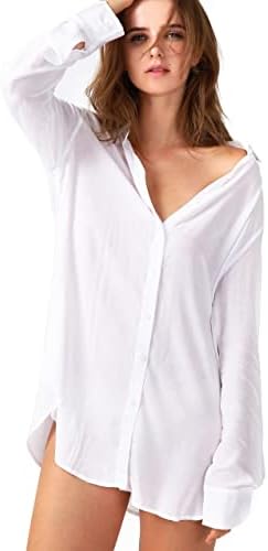 TOUSYEA Sleep Shirts for Women Button Down Shirts Long Sleeve Sleepwear Swimsuit Cover Ups Soft Pajama Tops White XL