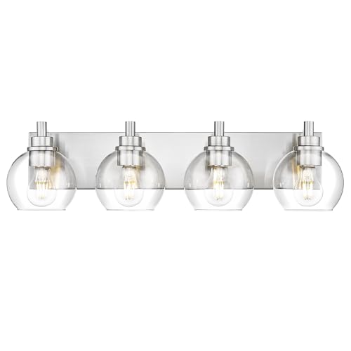 Image of Bathroom Light Fixtures, 4 Light Brushed Nickel Vanity Light, 26 Inch Modern Wall Sconces with Globe Clear Glass Shade, Vanity Lighting Fixtures Over Mirror, VL195-BN-CL-4
