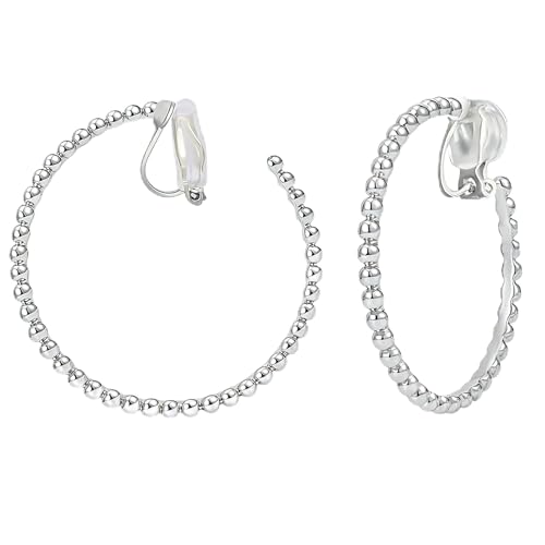 Image of FAN&LOUIS 24K Gold Plated Hoop Clip On Earrings for Women, Gold Beaded Hoop Trendy Hypoallergenic Non Pierced Earrings Painless Lightweight 38mm Clip-On Earrings