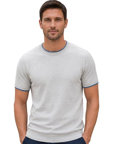 Image of Jago Knitted Cotton Men's T-Shirt – Premium Grey Heavyweight Cotton T Shirt, Soft Touch Crew Neck Tee with Contrast Tipped Collar and Cuffs - Small Size Regular Fit for Casual and Everyday Wear