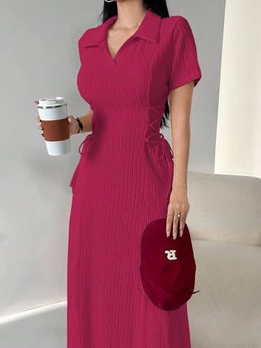 Image of Shasmi Women's Solid Color Applique Lace-Up Collared Short Sleeve, Side-Tie Waist Long Casual Maxi Women Dress Outfit Long Evening Midi Western Party Dress for Women (Dress 211)