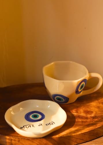 Image of WEAVING HOMES Handcrafted Ceramic Evil Eye Mug & Nazar na Lage Dessert Plate (Set of 2, Multicolor) - Coffee Mugs and Dessert Plates for Birthday Gifts, Mugs for Office and Travel