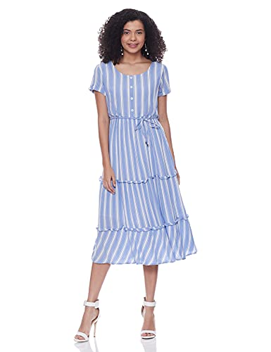 Image of Easybuy Women's Polyester Fit and Flare Below The Knee Dress (WT20FF13LW Blue XL)