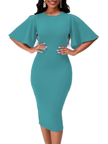 Image of Bdwinz Women's Basic Bodycon Ruffle Flared Short Sleeve Pencil Midi Dress