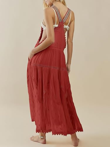 Image of Women's Laced Embroidered Tulle Boho Dress Casual Loose Adjustable Straps Bib Maxi Dress