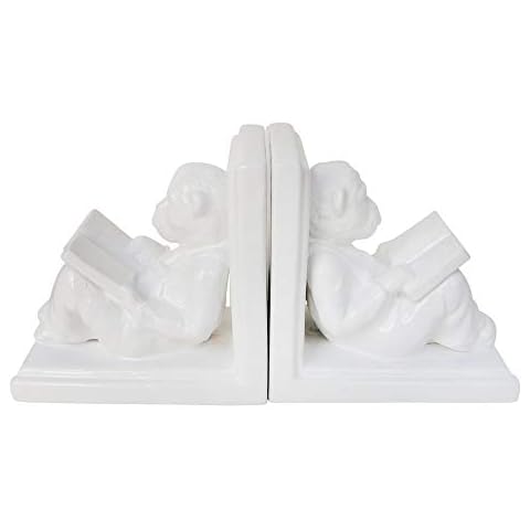 Sagebrook Home 15080 Set of 2 Ceramic 7" H Reading Monkey Bookends, White, 7" L x 4" W x 7" H Cover