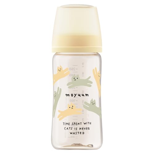 MOYUUM(モユム) プラスチック哺乳瓶 キャッツイエロー 270ml (PPSU製) 3ヶ月～ ワイドネック 丸穴 2025年モデル