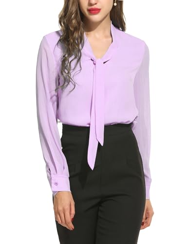 ACEVOG Office Shirt Bow Tie Neck Long Sleeve Lilac Tops