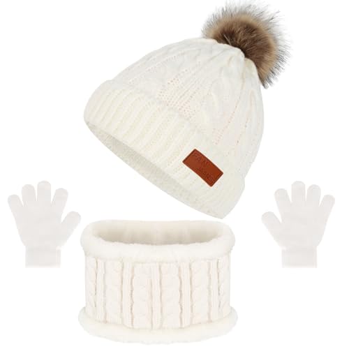 Image of Kids Hat Scarf Gloves Set, Kids Winter Beanie Hat Scarf Gloves Set with Knit Thick Warm Fleece Lined for 1-6 Years Old