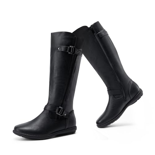 DREAM PAIRS Women's Wide Calf Knee High Faux Fur-Lined Flat Fashion Winter Boots with Side Zipper,Size 7,Black,TRACE-W