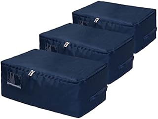 Amazon Brand  Umi 105L Large Underbed Clothes Storage Bag with Sturdy Zipper, Foldable Storage Box with Reinforced Handle for Comforters, Duvets, Blankets, Bedding -3 Pack, XX-Large, Dark Blue