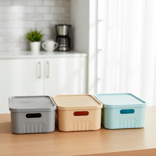 Image of SR Plastic Storage Baskets with Lids - Multipurpose storage and organisers for Kitchen, Clothes,Toys, Office - Durable & Stackable storage box and organiser for Home & Kitchen(3 Pcs)