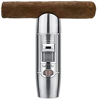 LUBINSKI Cigar Lighter with Cigar Punch and 2 Cigar Holder Lids Windproof Butane Big Single Torch Jet Blue Flame Cigarette Lighter for Cigar Cooking BBQ Topsense (Not Included Gas) (Silver)