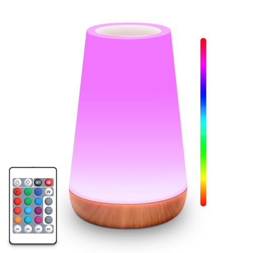 HOOMOOZ LED Nachttischlampe mit Fernbedienung, Touch Dimmbar Kinder Nachtlampe 13 Farben und 4 Modi, 1800mAh USB Aufladbar und Timing Funktion, Tragbar Nachtlicht für Camping Schlafzimmer Wohnzimmer
