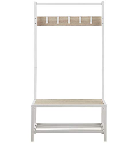 Homissue Modern Style 2 Shelf Hall Tree With Storage Bench, Light Oak Bench And Lower Shelf With White Steel Frame, Entryway Shoe Rack With 5 Hooks For Garments #TOP7