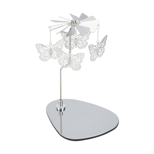 DELORIGIN Portavelas giratorio con bandeja, diseño de mariposa, carrusel plateado, molinillo de viento, giratorio, metal, candelabro, adorno para centro de mesa, decoración del hogar, fiesta, boda