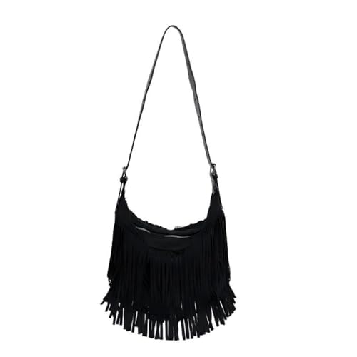RJDBBD Women's Fashion Fringed Crossbody Bag Retro Tassels Hobo Hippie Purse Casual Shoulder Handbag with PU Strap,Black
