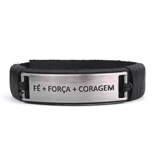 Pulseira Masculina De Couro Fé Força Coragem