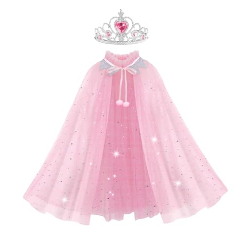 SEFIRST Disfarce princesa menina, vistoso capa de princesa, capa com coroa, camadas disfarces de tule com lantejoulas, acessórios de vestir princesas para Halloween carnaval cosplay aniversário festa