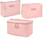 MAANGE Makeup Bag Waterproof Travel Cosmetic Bag PU Leather Cosmetic Pouch Portable Makeup Organizer Bag Large Capacity Toiletry Bag Multifunctional Storage Make Up Bag for Women (Pink, 3Pcs)