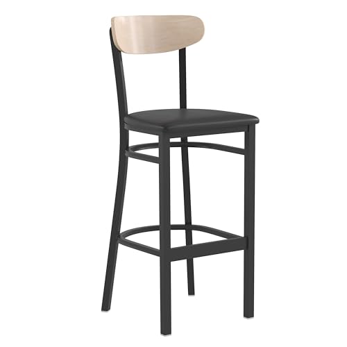 Image of Flash Furniture Wright Commercial Barstool - Natural Birch Finish Wood Boomerang Back - Black Vinyl Seat - 500 LB. Capacity Black Steel Frame - Integrated Footrest