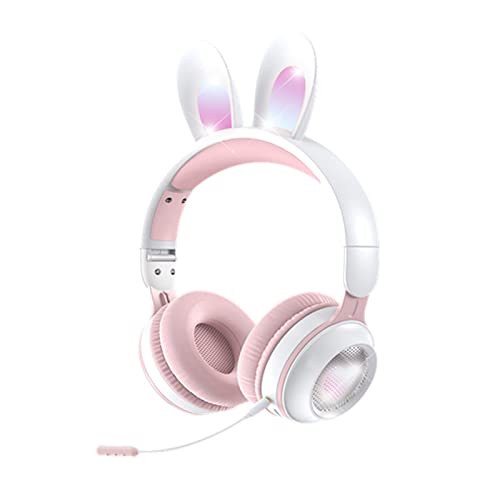 Kids Headphones, Bluetooth 5.0 Headphones with Rabbit Ear, Over Ear LED Light Foldable Wireless Headset, Support TF/AUX