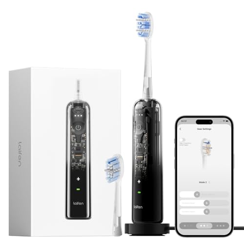 Laifen Wave Pro Elektrische Zahnbürste mit 60 WaveMotion & 66.000 Vpm 70 Tage Akku Drucksensor & App-Customizing nahtloses Design ideal für Reisen inkl. 2 Pro-Köpfe (Transparent Schwarz)