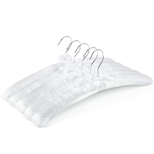 Amber Home 5 Pack Large White Satin Padded Hangers, 17' Non-Slip Cushioned Hangers for Sweaters, Silk Dress, Wedding Dress, Bridal Gown, Cashmere