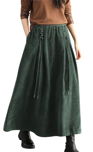 chouyatou Women's Fall Winter Tie Knot Elastic High Waist A Line Corduroy Long Midi Skirt with Pockets