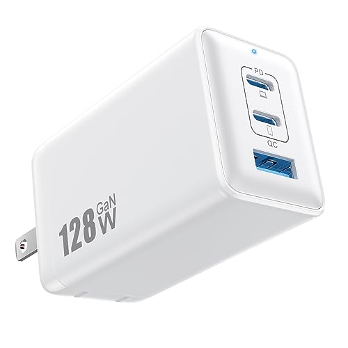 128W USB C Wall Charger,GaN III 3-Port Fast Charging Station,PD QC Foldable Charger Block Portable 65W Laptop Adapter for MacBook Pro/Air,iPad Pro,Galaxy S23,Dell XPS 13,iPhone 15/Pro etc Black