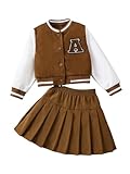 Floerns Toddler Girls 2 Piece Outfit Letter Patched Jacket Coat and Pleated Skirt Set Brown 7Y