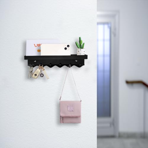 Echehi 6 Hooks Key Holder, Self Adhesive or Drilling 2 Ways Installation Wall Key Rack, Key Hooks Wall Mounted for Entrance Area, Kitchen (Black)