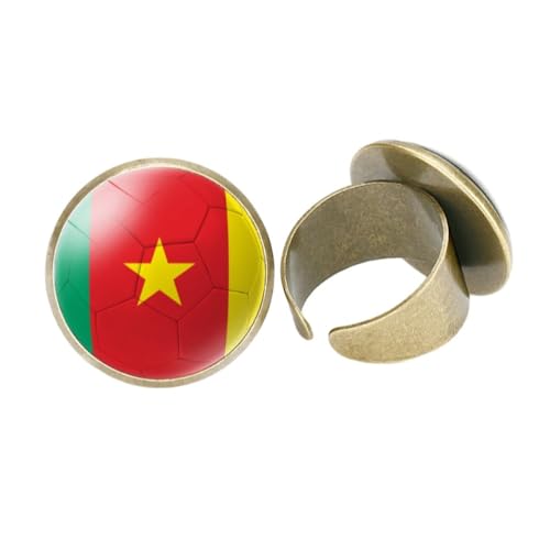 Bagues D'Articulation Du Drapeau Du Cameroun À La Mode - Verre Vintage Rond Avec Texture De Football - Bagues D'Ouverture Empilables Pour Femmes Et Hommes Unisexes - Bagues Réglables - Bijou