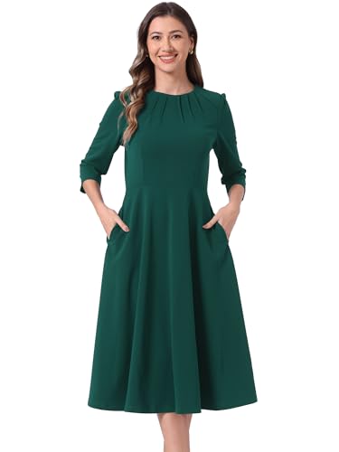 Image of Allegra K Elegant Work Dress for Women's 3 /4 Sleeve Round Neck Pockets Vintage A-Line Swing Midi Dress