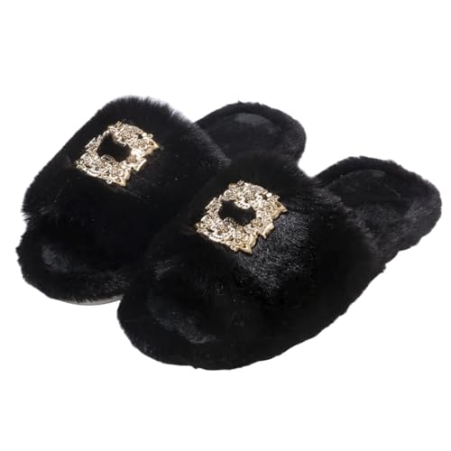 Women's fluffy slippers with open toes and gold chain buckles - soft wool lining, anti-slip rubber soles, fashionable all-season indoor shoes for home and office