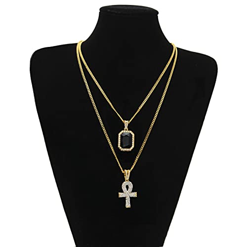 Pendentif De Pierres Précieuses Hip Hop Diamant Anka Key Cross Mini Collier De Pierres Précieuses Carrées Ensemble De Deux Pièces Or Noir – Image 3