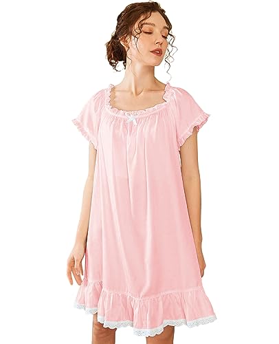 Image of Nanxson Women's Cotton Nightgown Short Sleeve Sleepwear Vintage Nightshirt | Summer Victorian Sleepdress,White Sleepshirt,U Neck Lace Loungewear,Soft Nightshirt,Loose Loungedress,Bride Nightwear