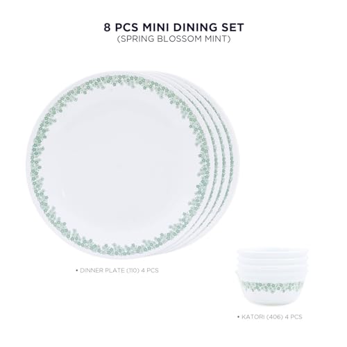 Image of CORELLE Spring Blossom Mint 8 Pcs Dinner Set for 4 Persons| 4 Plate, 4 Small Bowl for Dining|Vitrelle 3 Layer Glass|Lightweight Non-Porous Surface Crockery|1-Year Warranty on Chip /Break /Scratch