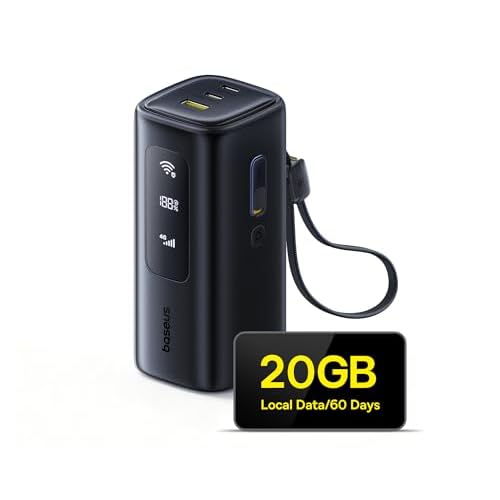 Baseus 4G LTE Mobile Hotspot & 20000mAh 67W Power Bank 2-in-1, Portable WiFi for Travel in 150+ Countries, No SIM Card, No Contract, 10 Devices, Worldwide Hotspot Router (Includes 20GB Local