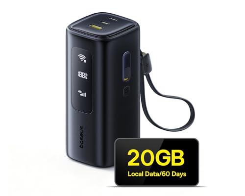 Baseus 4G LTE Mobile Hotspot & 20000mAh 67W Power Bank 2-in-1, Portable WiFi for Travel in 150+ Countries, No SIM Card, No Contract, 10 Devices, Worldwide Hotspot Router (Includes 20GB Local Data)