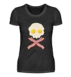 Frühstück Totenkopf Motiv - Spiegelei Schinken Smiley Essen Lustig Cool Damenshirt -L-Schwarz